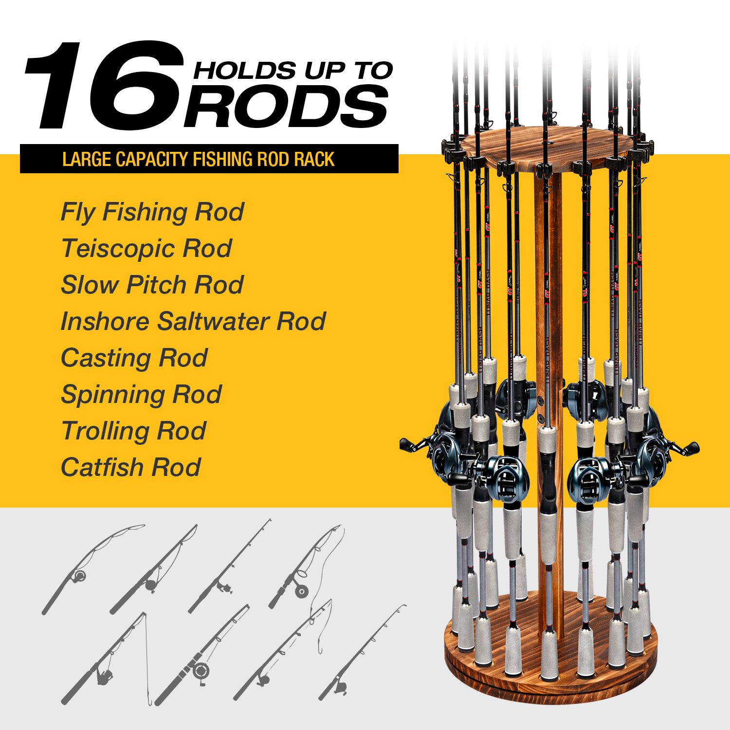 Round Carbonized Wood Fishing  - огляд і ціна Fishing Rod Rack